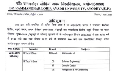 Avadh University B.Tech Second, Fourth, Six and Eight Semester Exam Schedule 2023