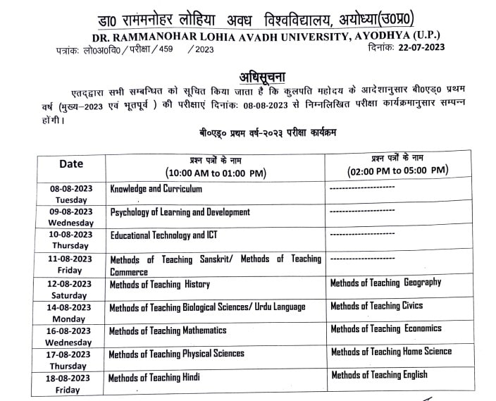 Avadh University B.Ed First year exam time table 2023-min