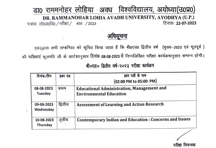 Avadh University B.Ed Second year exam time table 2023