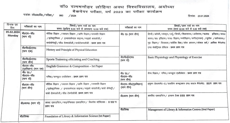 Avadh University All Courses Back Paper Exam Schedule 2023-24
