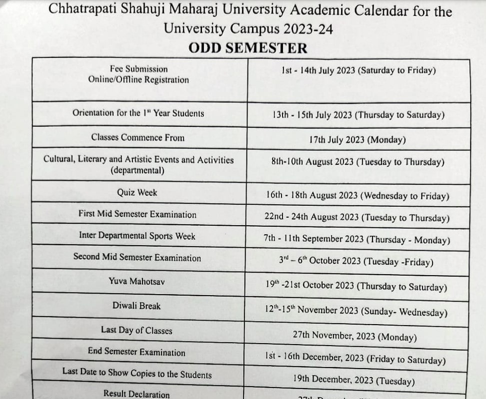 CSJM Kanpur Academic Calendar for Session 2023-24 Odd Semester