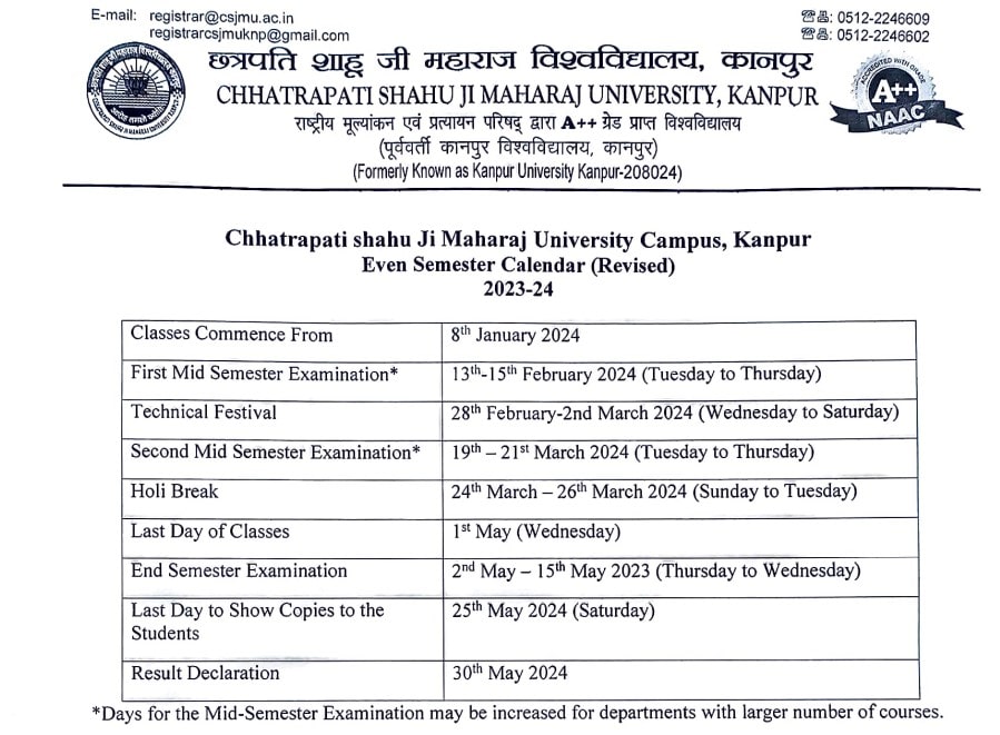 CSJM Kanpur Even Semester Calendar (Revised) Session 2023-24