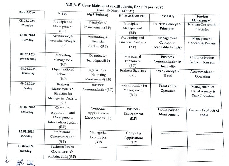 RMLAU MBA First Semester Exam Time Table 2023-24