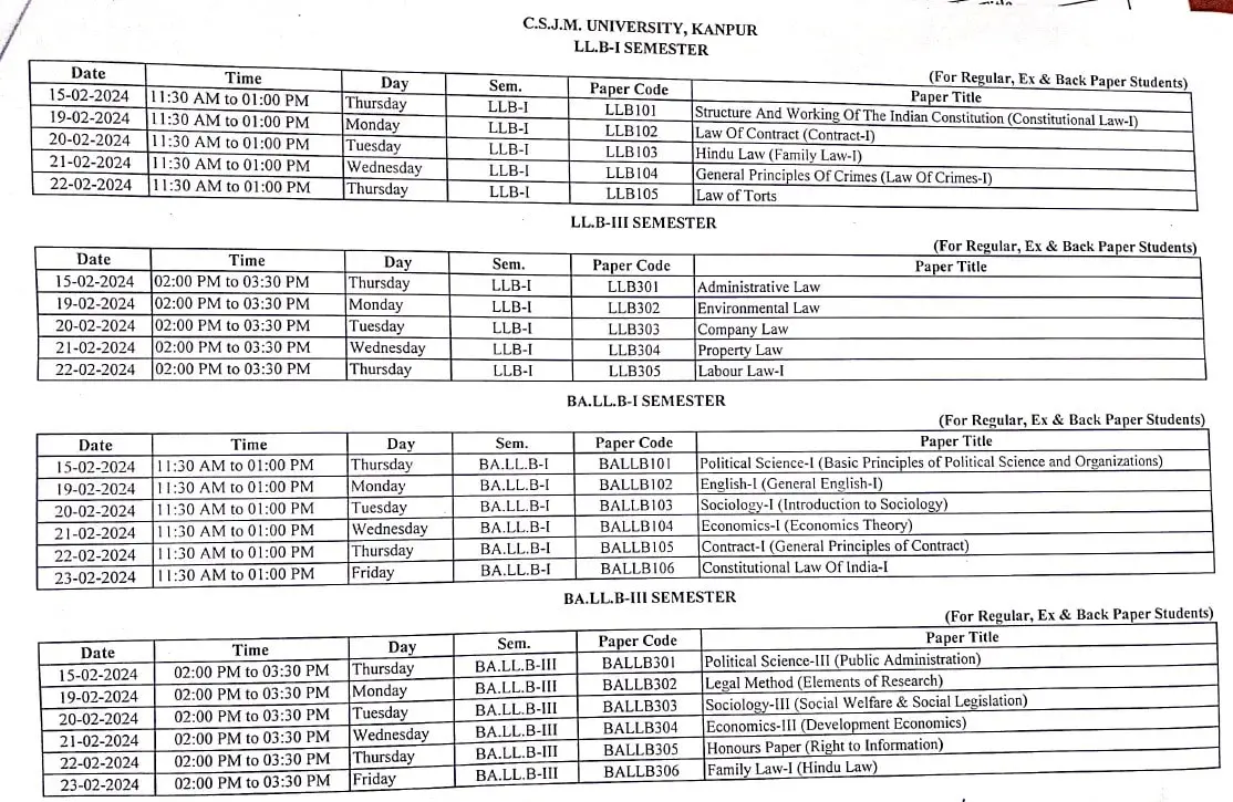 CSJM University LLB and BALLB Exam Time Table 2023-24