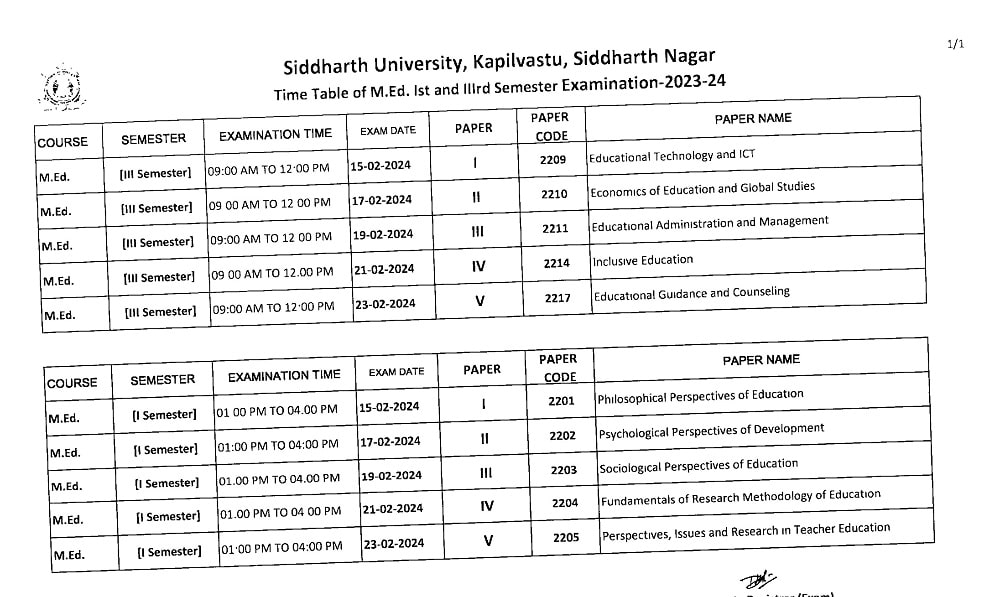 Siddharth University MEd Exam Time Table 2023-24-min